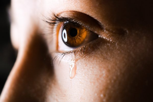 close-up photo of human eye with tear drops